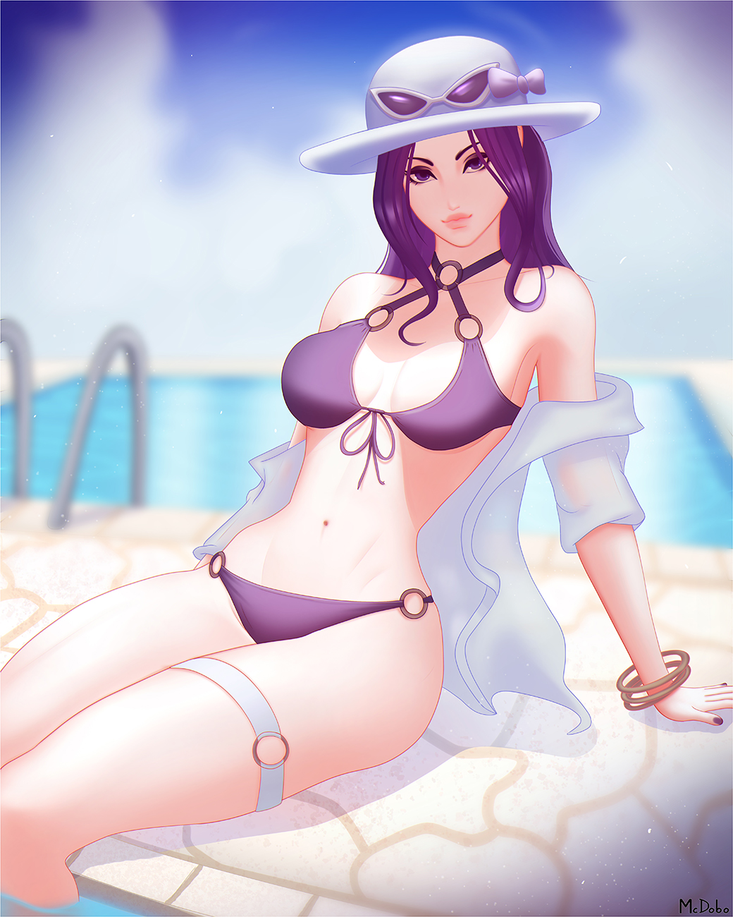 1girl, alternate_costume, alternate_hair_color, bangle, bikini, blurry, blurry_background, bracelet
