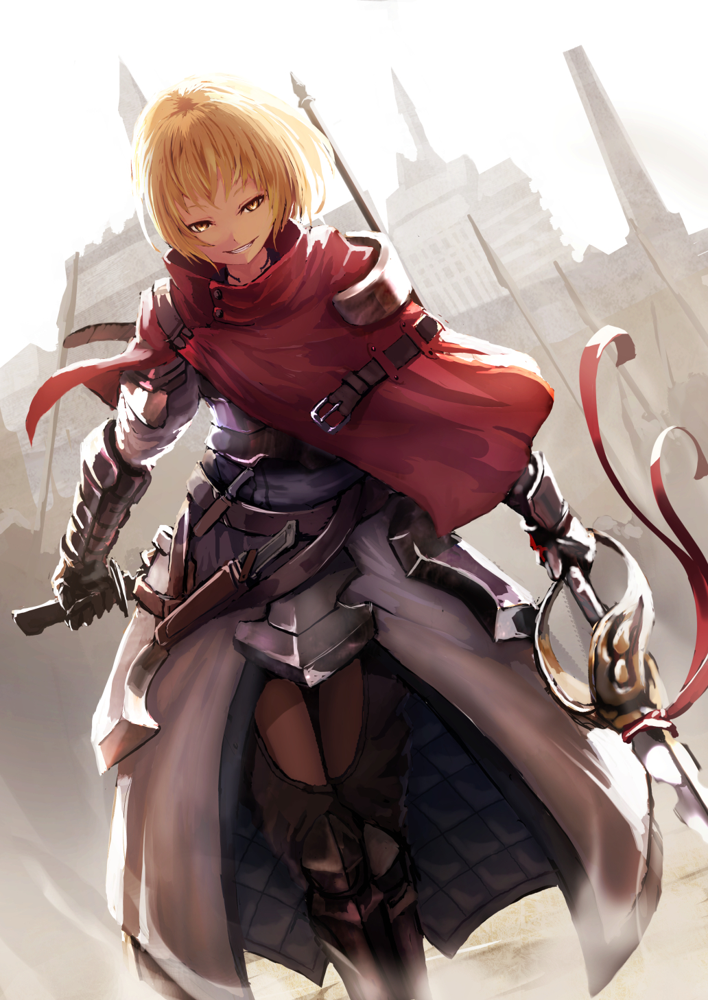 1girl, armor, armored_dress, blonde_hair, building, dual_wielding, dutch_angle, fantasy, gauntlets, grin, highres, holding, knight, looking_at_viewer, namako_(namacotan), original, short_hair, smile, solo, sword, walking, weapon, yellow_eyes