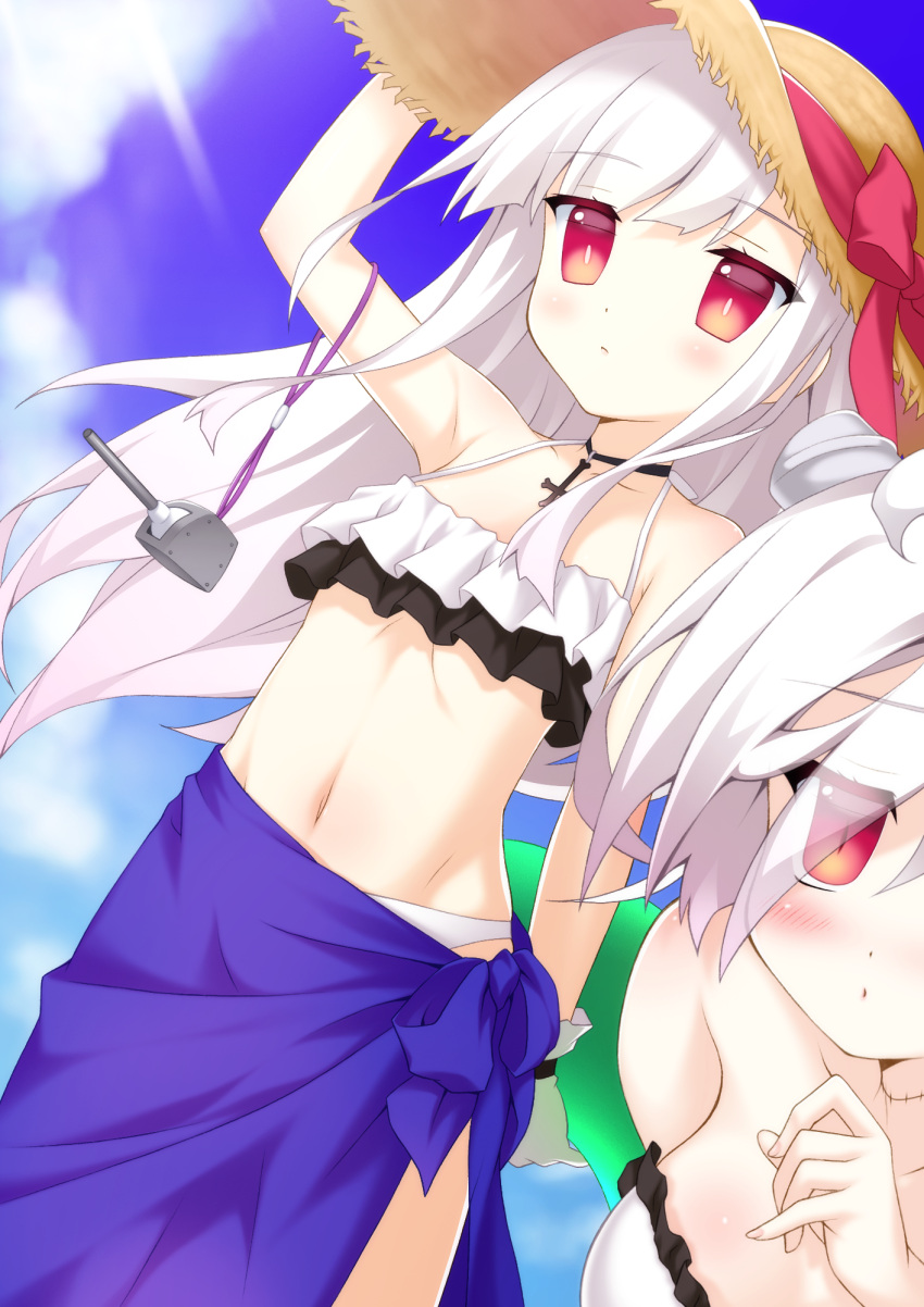 2girls, arm_up, azur_lane, bangs, bare_arms, bare_shoulders, bikini, blue_sky