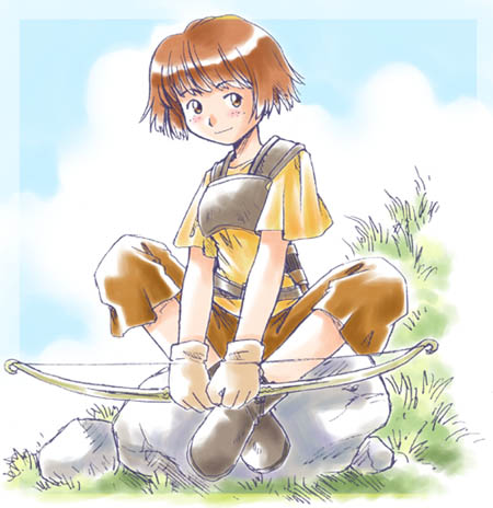 boots, bow_(weapon), brown_eyes, brown_hair, cloud, clouds, crossed_legs, dorothy_(fire_emblem)