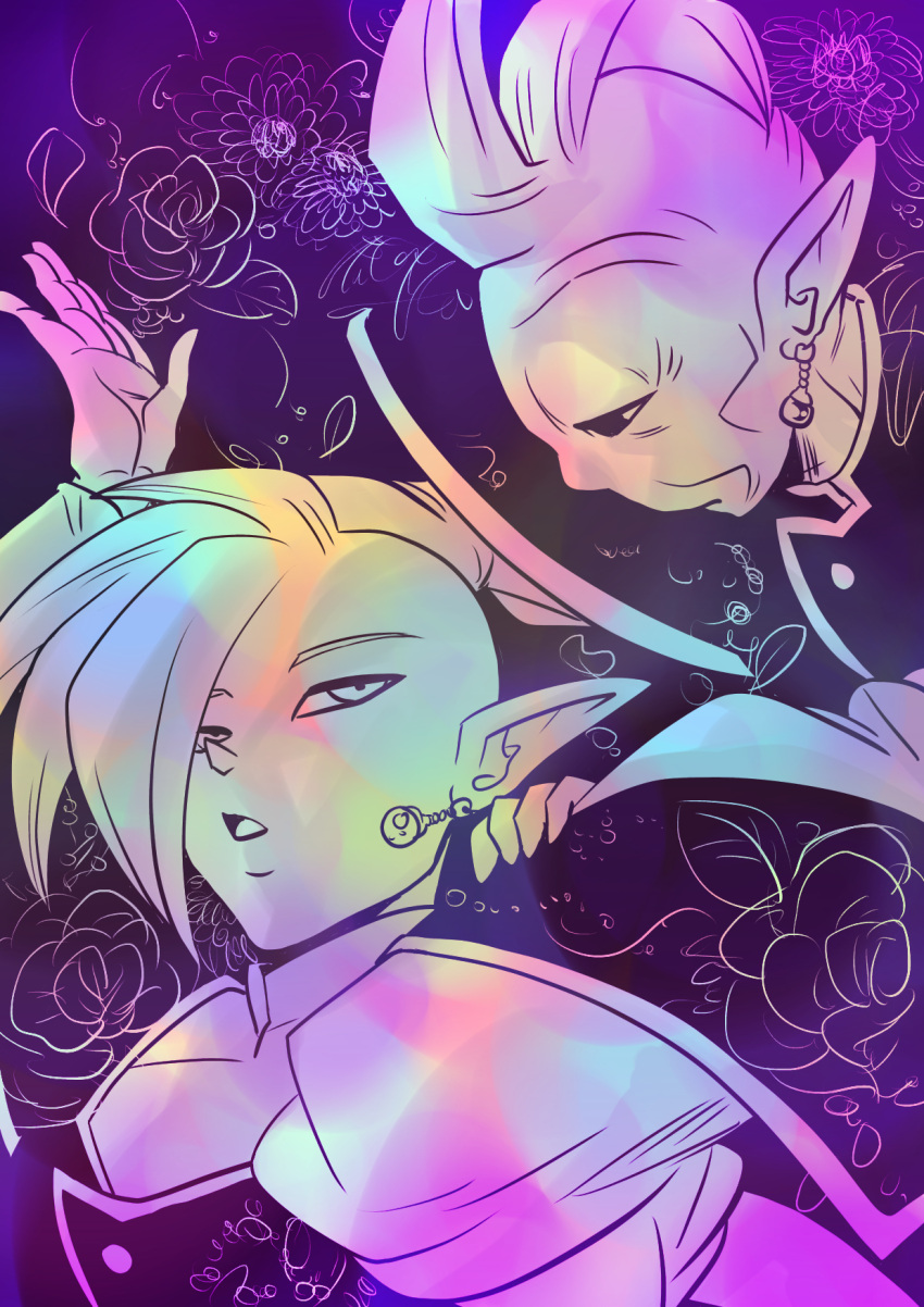 2boys, black_eyes, colorful, dragon_ball, dragon_ball_super, earrings, expressionless, floral_background