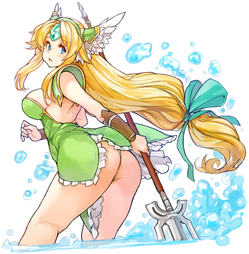 1girl, ass, blonde_hair, blue_eyes, breasts, dress, forehead_jewel, green_dress
