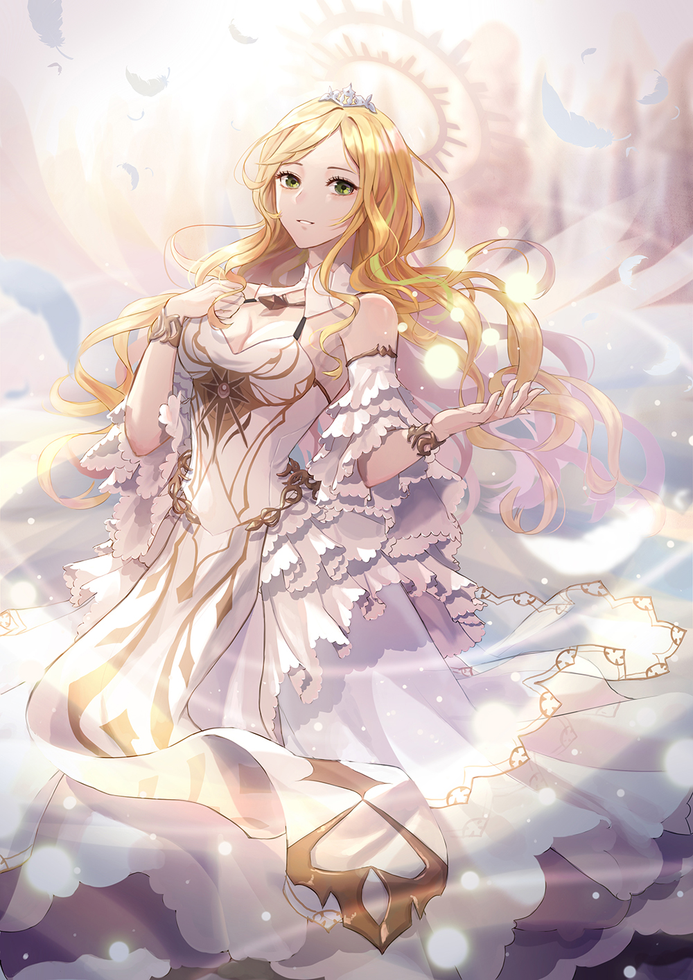 1girl, angelia, blonde_hair, breasts, cleavage, detached_collar, detached_sleeves, dress