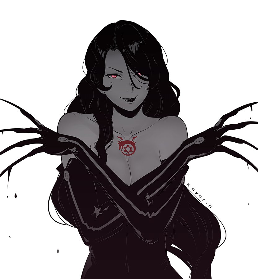 1girl, artist_name, bangs, bare_shoulders, black_dress, black_hair, breasts, chest_tattoo