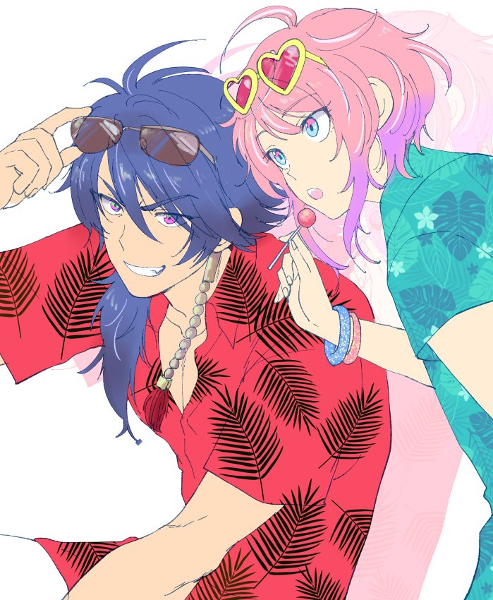 2boys, ahoge, alternate_costume, amemura_ramuda, arisugawa_dice, blue_hair, candy, eyewear_on_head