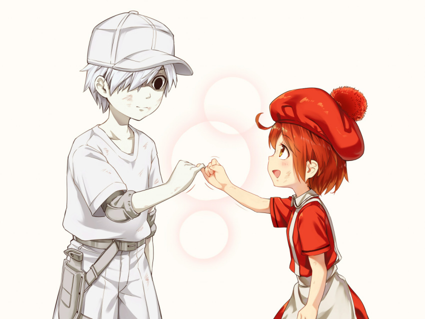 1boy, 1girl, :d, ae-3803, apron, asutora, beige_background, belt