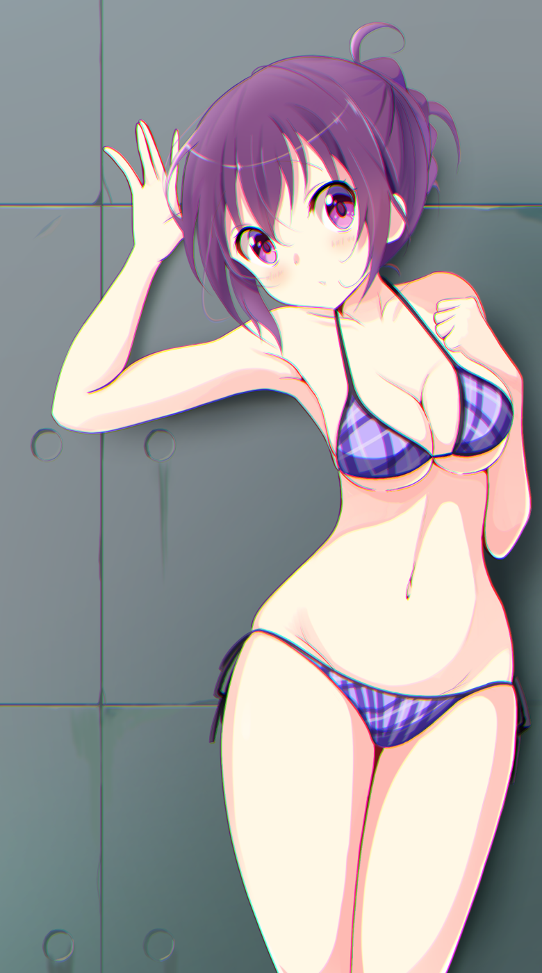 1girl, against_wall, arm_up, bangs, bikini, breasts, cleavage, clenched_hand