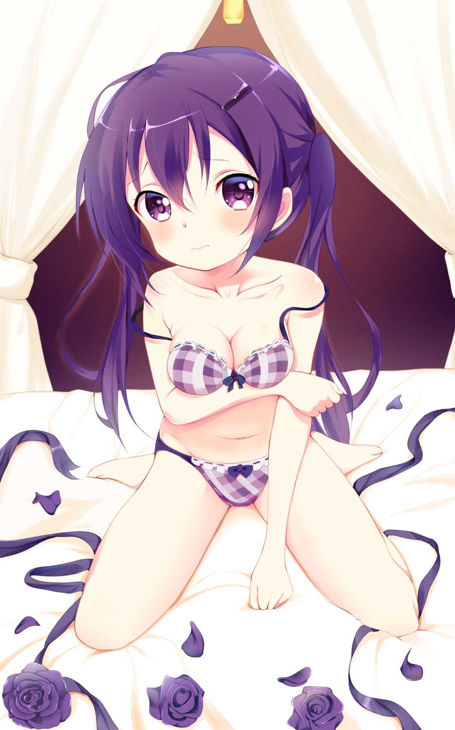 1girl, arm_grab, arm_support, bangs, bed, blush, bow, bow_bra