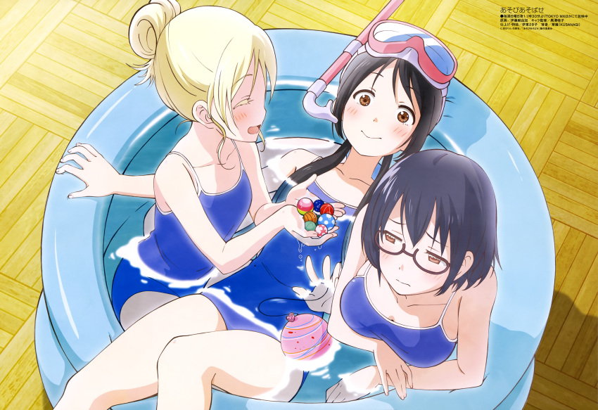 3girls, :d, absurdres, annoyed, asobi_asobase, bare_legs, bare_shoulders, black_hair
