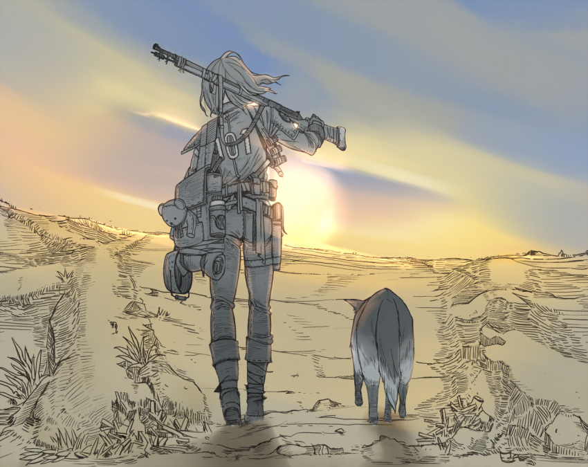 1girl, backpack, bag, commentary, dog, dogmeat, fallout_3, gun
