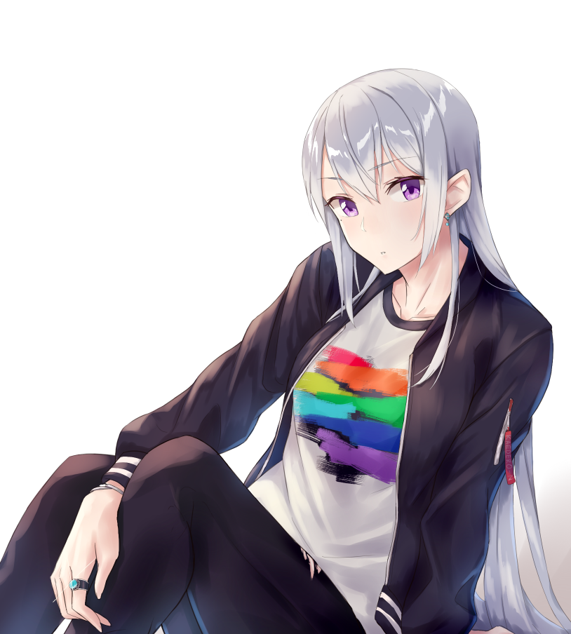1girl, arm_support, collarbone, earrings, expressionless, higuchi_kaede, hiiragii_(hiiragi_0404), jacket