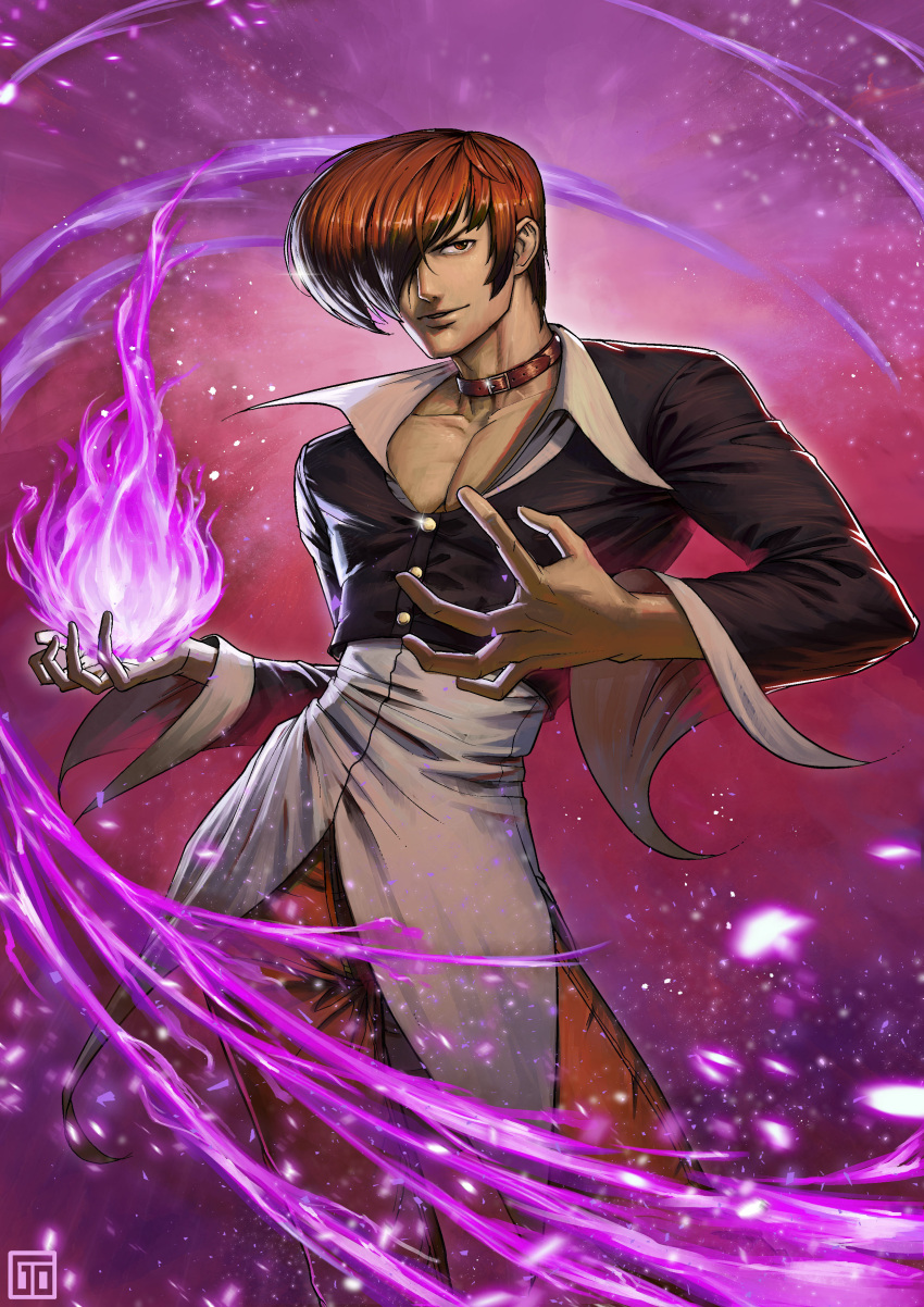 1boy, absurdres, belt, brown_hair, choker, collarbone, fire, glint