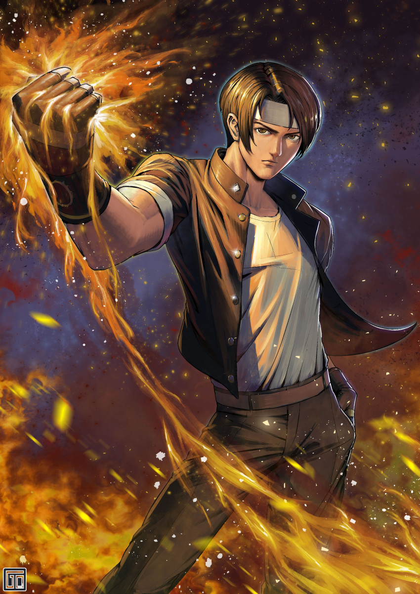 1boy, absurdres, belt, brown_eyes, brown_hair, brown_jacket, brown_pants, clenched_hand