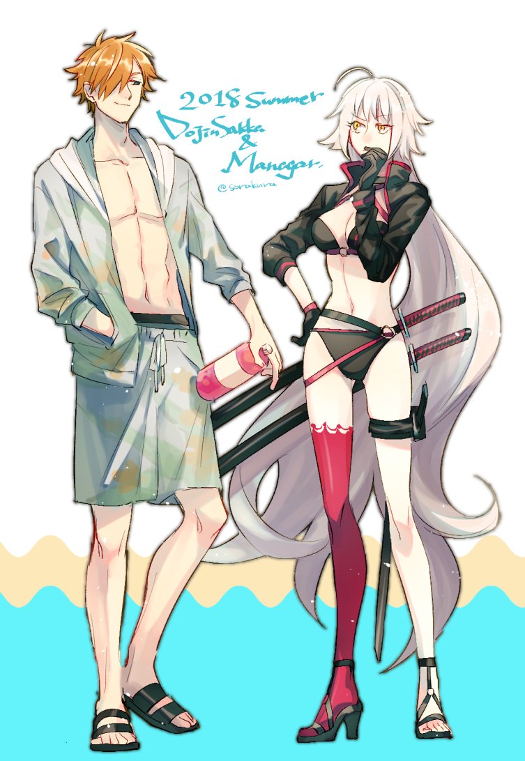1boy, 1girl, ahoge, bikini, black_footwear, cropped_jacket, fate/apocrypha, fate/grand_order, fate_(series), female_swimwear, full_body, halterneck, hand_on_hip, holster, hood, hoodie, jeanne_d'arc_(alter_swimsuit_berserker), looking_at_another, male_swimwear, orange_hair, red_legwear, robin_hood_(fate), sandals, silver_hair, single_thighhigh, sorakura_shikiji, summer_hunter, swim_trunks, swimsuit, swimwear, thigh-highs