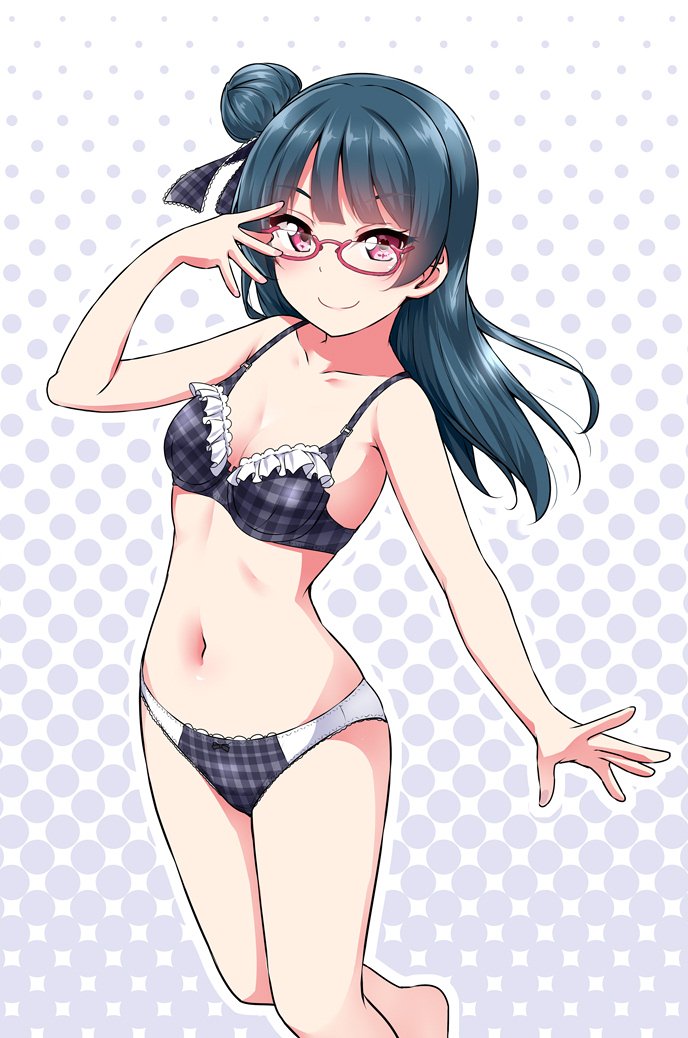10s, 1girl, bangs, bespectacled, blue_hair, blush, bra, breasts