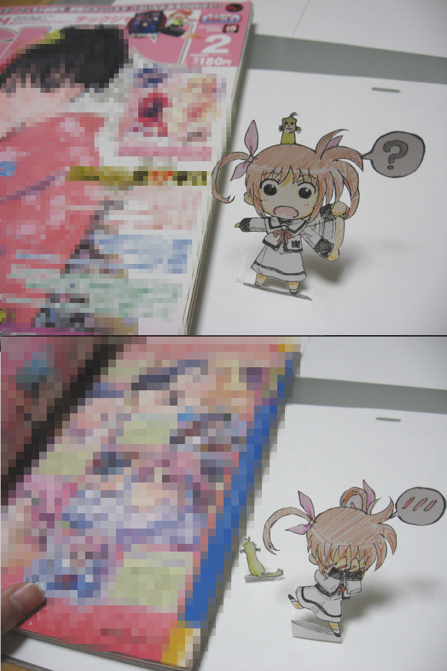 blush, censored, hair_ribbon, hair_ribbons, mahou_shoujo_lyrical_nanoha, paper_child, papercraft, photo