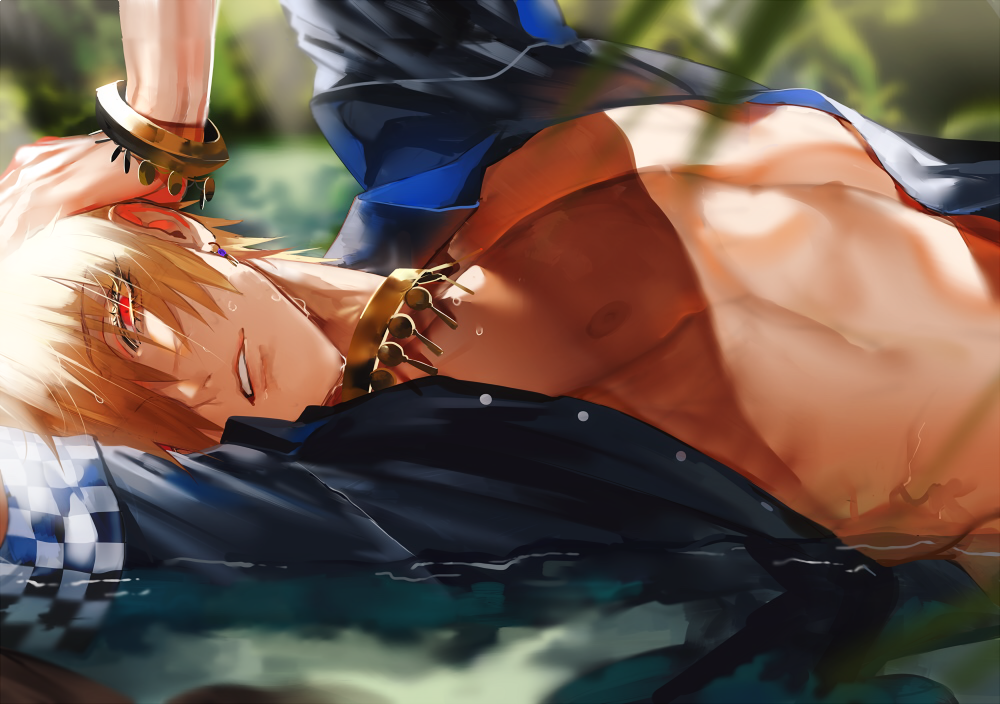 1boy, au_(d_elite), blonde_hair, blue_shirt, blurry, depth_of_field, establishment_(fate/grand_order), fate/grand_order