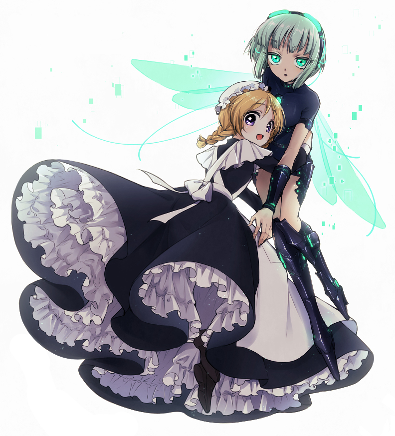 2girls, apron, blonde_hair, braid, cyborg, dress, flying, frills