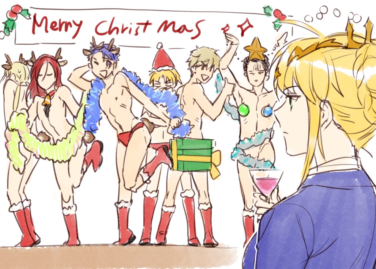 2girls, 5boys, ;d, agravain_(fate/grand_order), arms_up, artoria_pendragon_(all), artoria_pendragon_(lancer), bare_chest