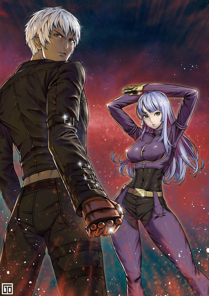 1boy, 1girl, abs, absurdres, arms_up, belt, black_jacket, black_pants