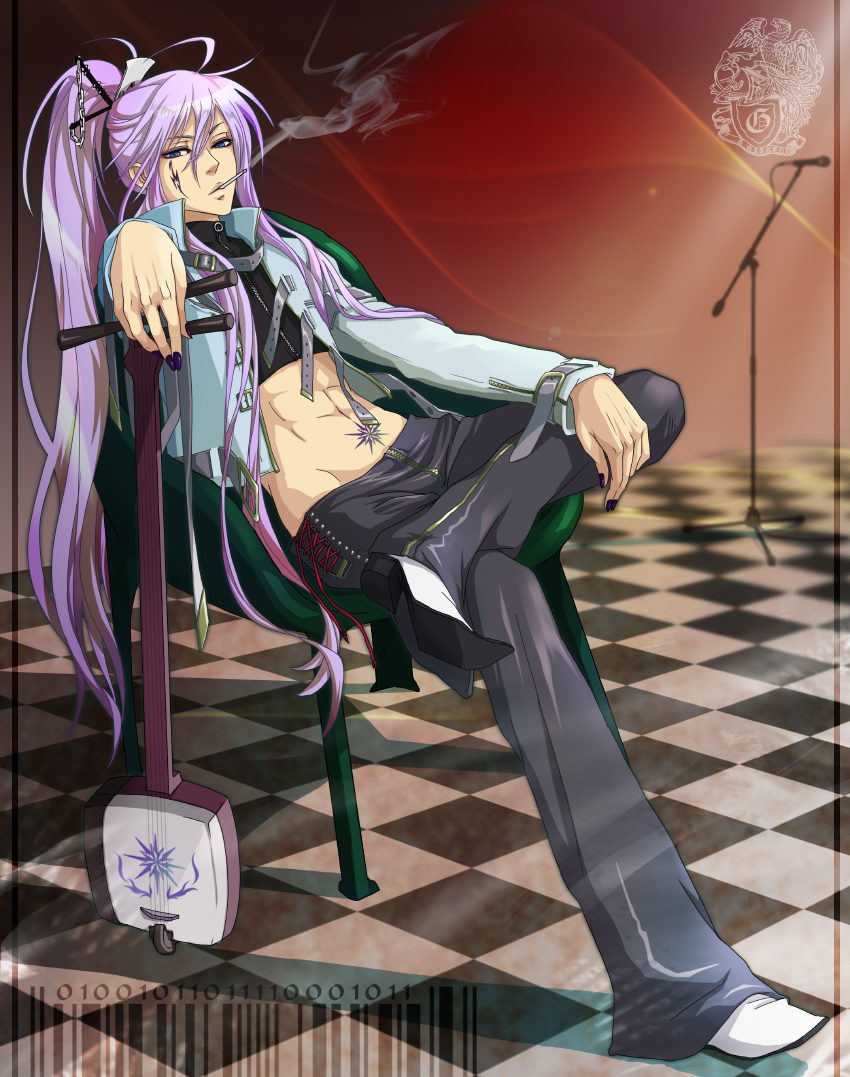 belt, belts, blue_eyes, checkerboard, checkered, cigarette, hagane_vocaloid, hair_ornament