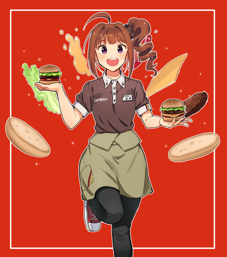 1girl, black_pants, blush, brown_hair, brown_shirt, collared_shirt, drill_hair, eyebrows_visible_through_hair