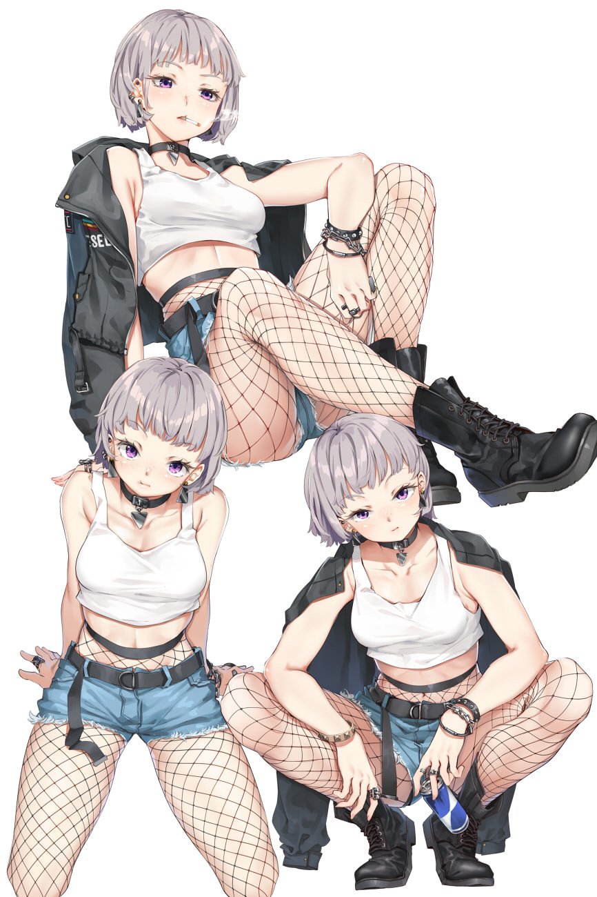 1girl, black_jacket, bracelet, can, character_sheet, choker, cigarette, denim