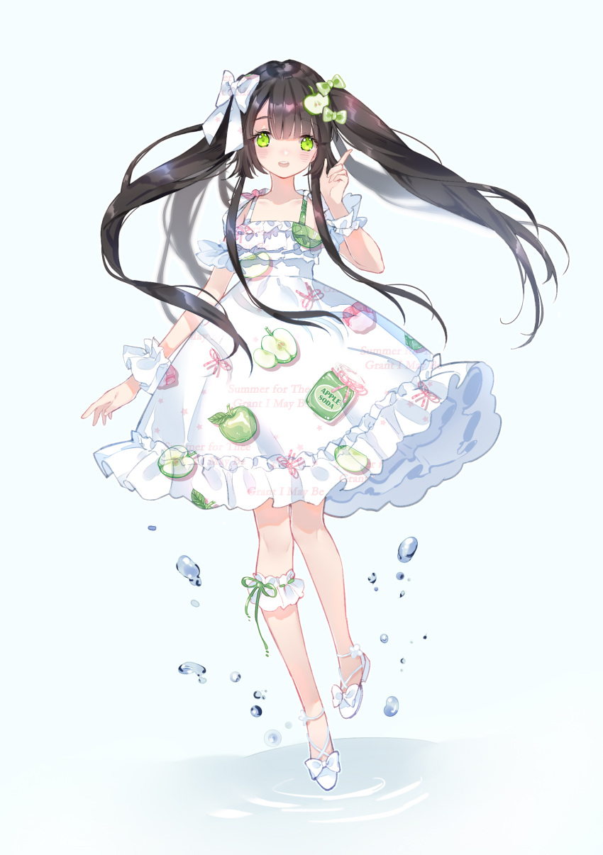 1girl, :d, absurdres, ankle_strap, apple_hair_ornament, apple_print, bangs, bow