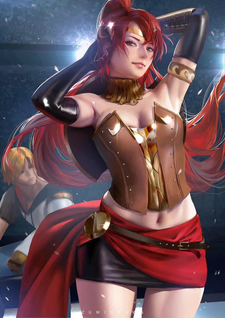 1boy, 1girl, armlet, armpits, arms_behind_head, artist_name, banned_artist, bare_shoulders