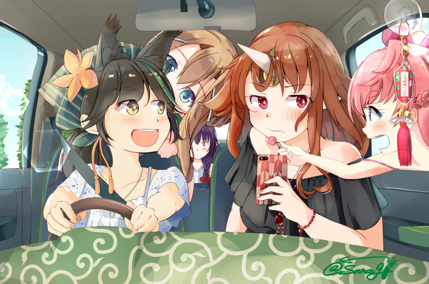 5girls, animal_ears, artist_request, azur_lane, black_hair, black_shirt, blue_eyes, blush