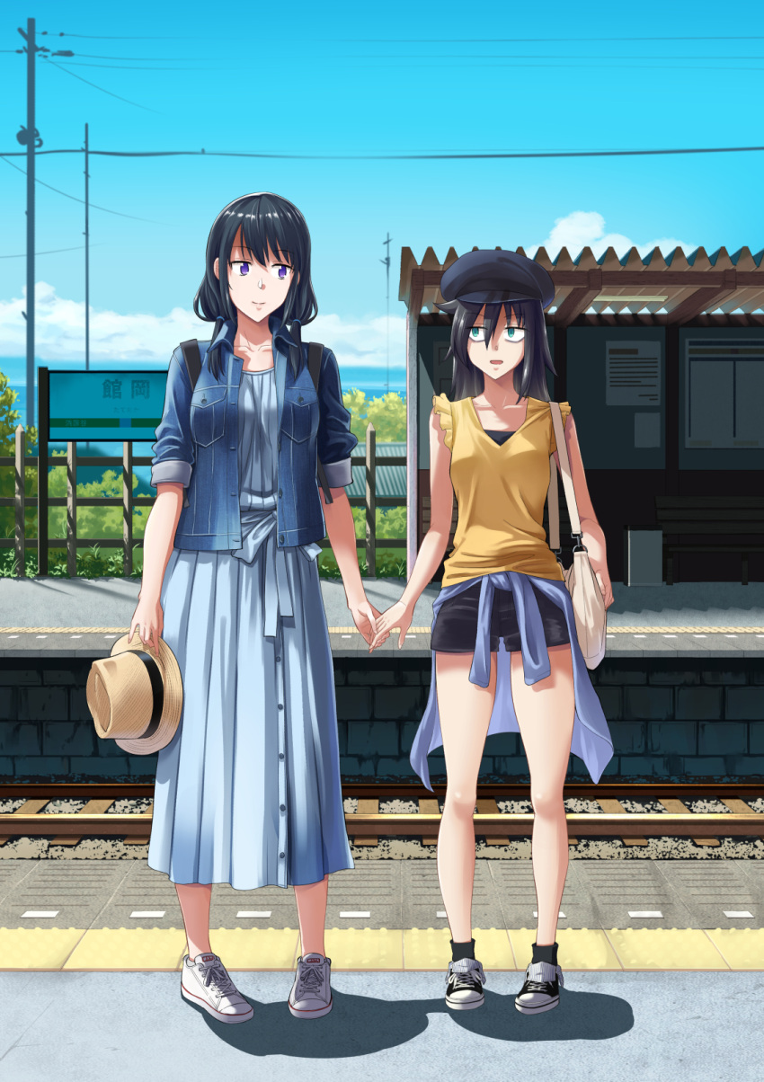 2girls, bag, black_hair, black_legwear, black_shorts, cabbie_hat, casual, clothes_around_waist, clouds, converse, denim, denim_jacket, dress, hand_holding, hat, highres, holding, holding_hat, kuroki_tomoko, low_twintails, multiple_girls, origuchi_mizu, pleated_dress, power_lines, railroad_tracks, shirt, shoes, shorts, shoulder_bag, sign, sky, sleeveless, sleeveless_shirt, sleeves_folded_up, sneakers, socks, sun_hat, tamura_yuri, textless, train_station_platform, twintails, watashi_ga_motenai_no_wa_dou_kangaetemo_omaera_ga_warui!, yellow_shirt