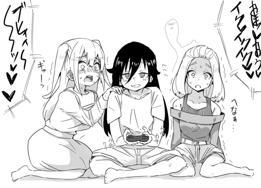 3girls, belt, casual, collarbone, commentary_request, controller, d:, dress