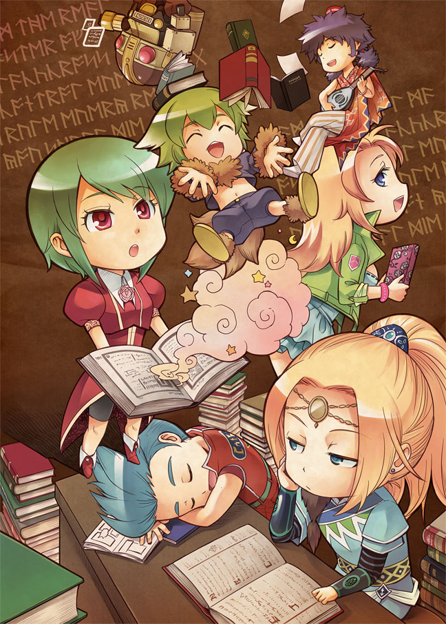 asellus_(saga_frontier), blonde_hair, blue_(saga_frontier), breasts, commentary_request, dress, emilia_(saga_frontier), everyone