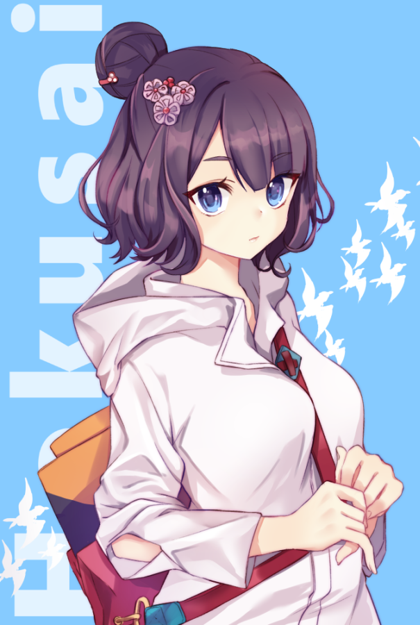 1girl, bag, between_breasts, blue_background, blue_eyes, breasts, casual, character_name