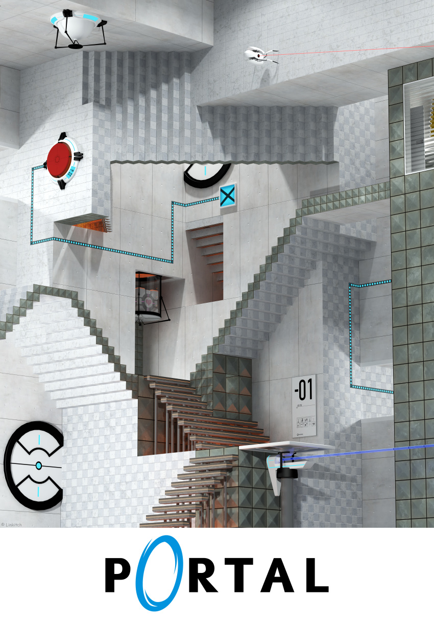cube, fine_art_parody, heart, highres, m_c_escher, parody, portal, relativity, stairs, turret_(portal), weighted_companion_cube