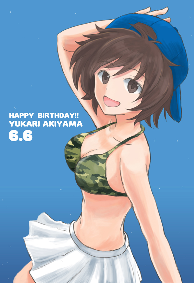 1girl, akiyama_yukari, backwards_hat, baseball_cap, blue_background, blue_hat, breasts, brown_eyes