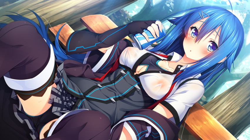 1girl, aristear_remain, bench, black_gloves, black_legwear, black_panties, blue_eyes, blue_hair