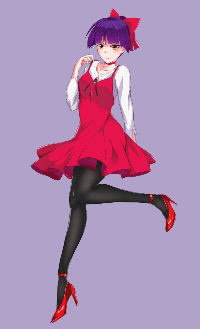 1girl, black_legwear, bow, breasts, choker, cleavage, dress, full_body