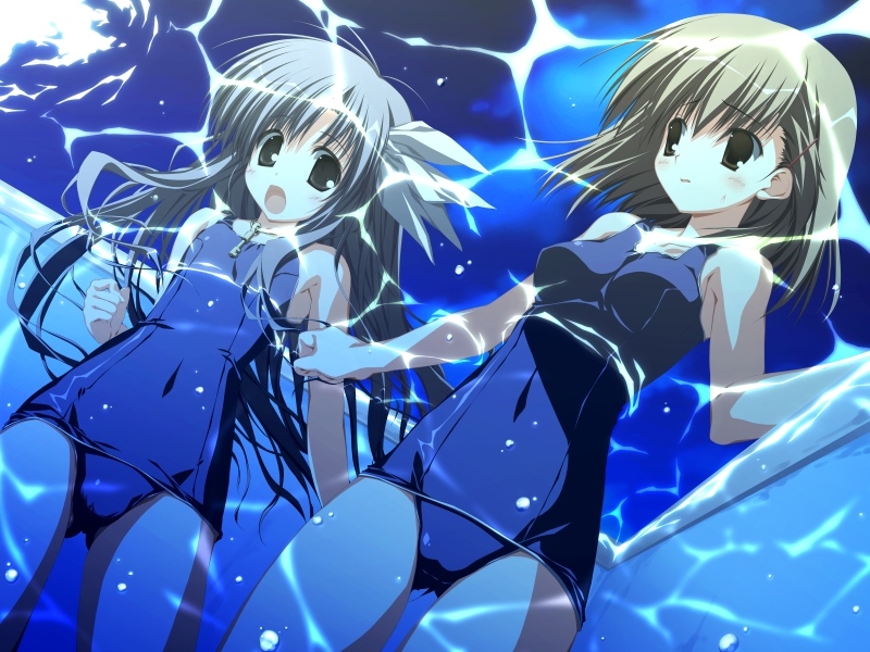 blue_hair, brown_hair, flat_chest, h2o_footprints_in_the_sand, kagome_(traumatize), korie_riko, kumon_maki, long_hair