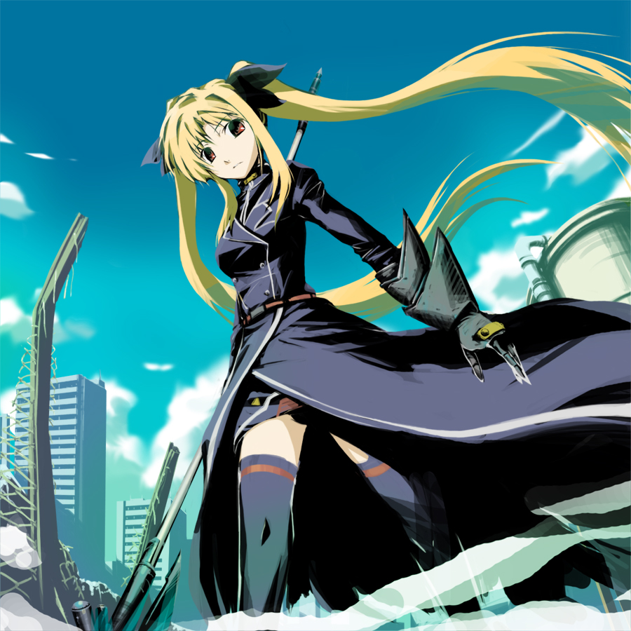 blonde_hair, brown_eyes, fate_testarossa, gloves, ko_azuma, long_hair, mahou_shoujo_lyrical_nanoha, thigh-highs