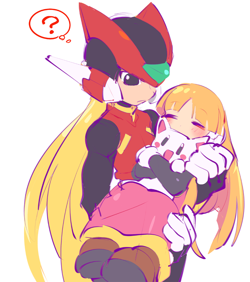 1boy, 1girl, ?, alouette_(rockman_zero), android, bangs, black_eyes, blonde_hair