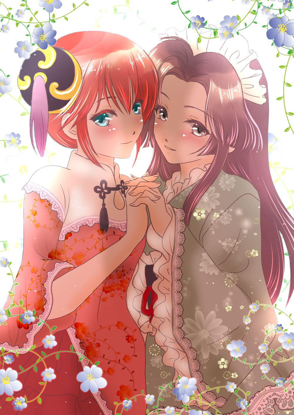 2girls, bangs, black_hair, blue_eyes, blue_flower, blush, bun_cover, closed_mouth