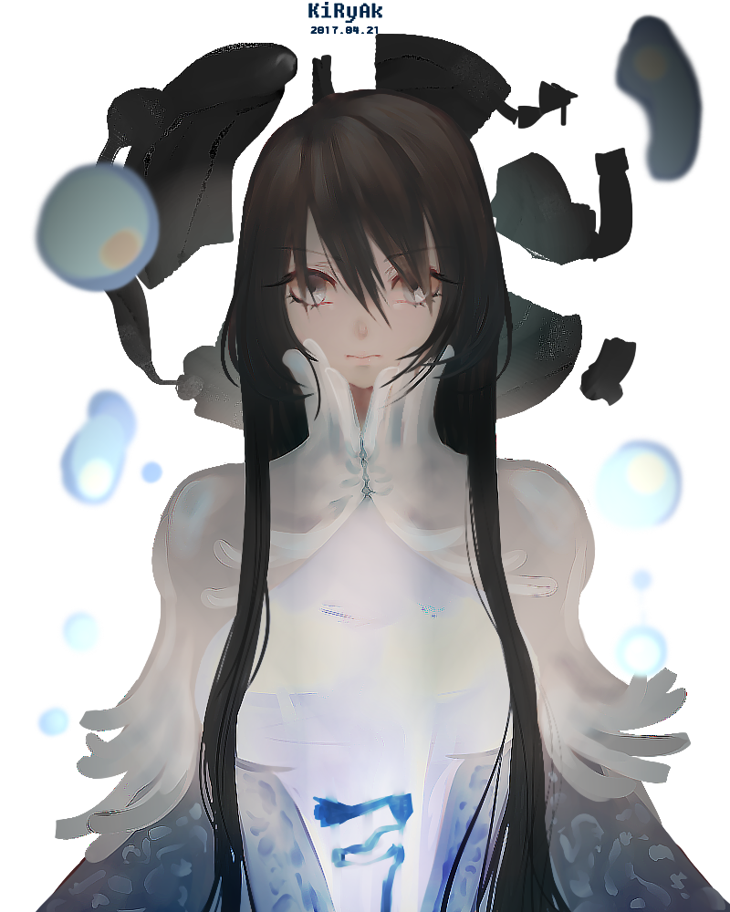 1girl, 2017, artist_name, bangs, black_hair, blue_cape, bubble, cape, dhdnthdn10, eyebrows_visible_through_hair, grey_eyes, hair_between_eyes, high_collar, houshin_engi, long_hair, robe, ryuukitsu_koushu, solo, upper_body, white_background