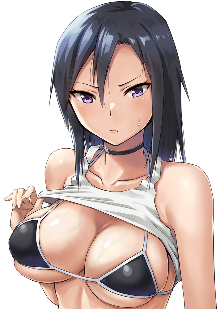 >:(, 1girl, bangs, bare_arms, bare_shoulders, bikini, bikini_top, black_bikini