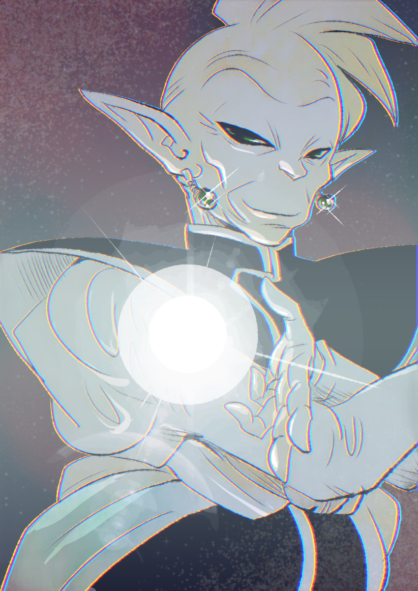 1boy, black_background, black_eyes, chromatic_aberration, closed_eyes, dragon_ball, dragon_ball_super, earrings