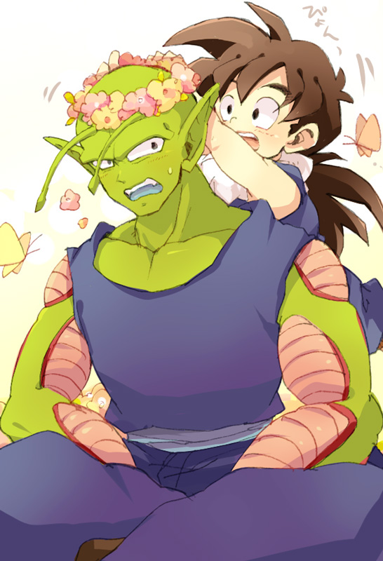 2boys, :d, annoyed, black_eyes, black_hair, bug, butterfly, chikiko_(chiki2424), dragon_ball, dragonball_z, embarrassed, flower, happy, head_wreath, insect, long_hair, looking_at_another, looking_back, male_focus, multiple_boys, open_mouth, piccolo, pink_flower, pointy_ears, shirt, simple_background, sitting, sleeveless, sleeveless_shirt, smile, son_gohan, sweatdrop, teeth, white_background, yellow_flower