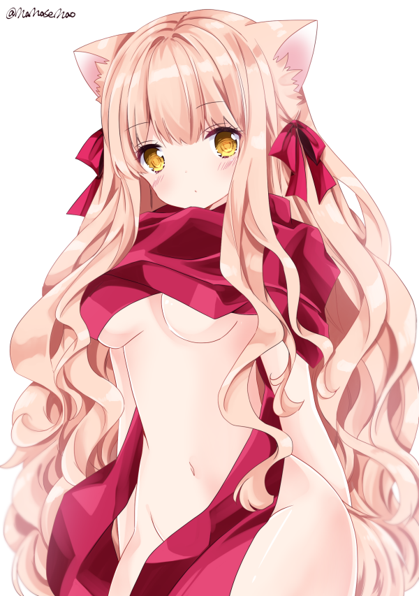 1girl, animal_ears, bangs, blonde_hair, blush, breasts, cat_ears, closed_mouth