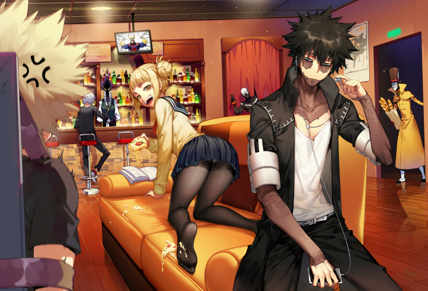 1girl, 6+boys, alcohol, all_fours, all_might, anger_vein, angry, bakugou_katsuki, bar, bent_over, black_hair, black_legwear, blonde_hair, boku_no_hero_academia, bubaigawara_jin, coat, couch, curtains, dabi_(boku_no_hero_academia), earphones, feet, food, half-closed_eyes, hat, highres, indoors, kurogiri_(boku_no_hero_academia), looking_back, luode_huayuan, manga_(object), mask, multiple_boys, on_couch, panties, pants, panty_peek, pantyhose, phone, pizza, restrained, school_uniform, serafuku, shigaraki_tomura, shirt, skirt, smile, spiky_hair, stool, toga_himiko, top_hat, underwear, v, v-neck, white_panties, white_shirt, wooden_floor
