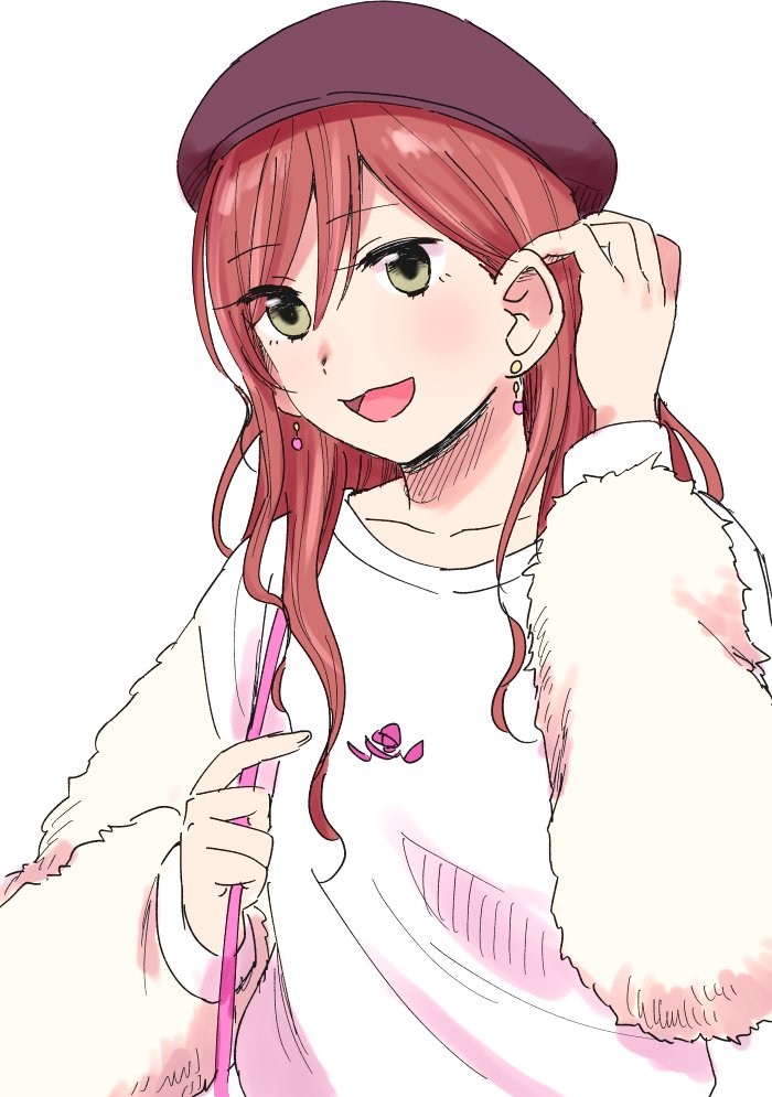 1girl, bang_dream!, beret, black_hat, brown_hair, collarbone, earrings, eyebrows_visible_through_hair
