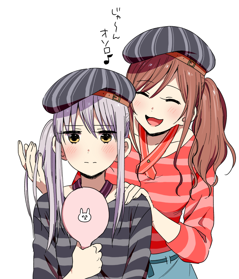 2girls, :d, ^_^, alternate_hairstyle, bang_dream!, bangs, beret, black_hat